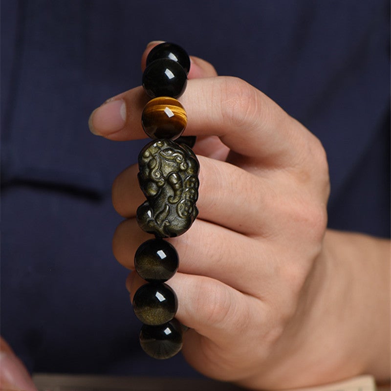 Obsidian Bracelet For Attracting Wealth, Featuring A Pixiu Design For The Year Of The Snake, High-End Men'S Gold Obsidian Fortune Bead Bracelet, Same Style As Seen In Live Broadcasts - Image 3